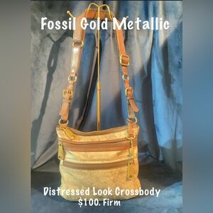 Fossil Gold Messenger Bag with Adjustable Strap and Vintage Finish